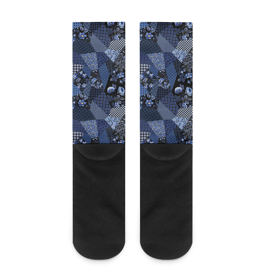 Blue Flower Patchwork Pattern Print Crew Socks