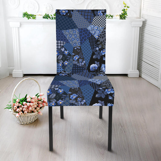 Blue Flower Patchwork Pattern Print Dining Chair Slipcover