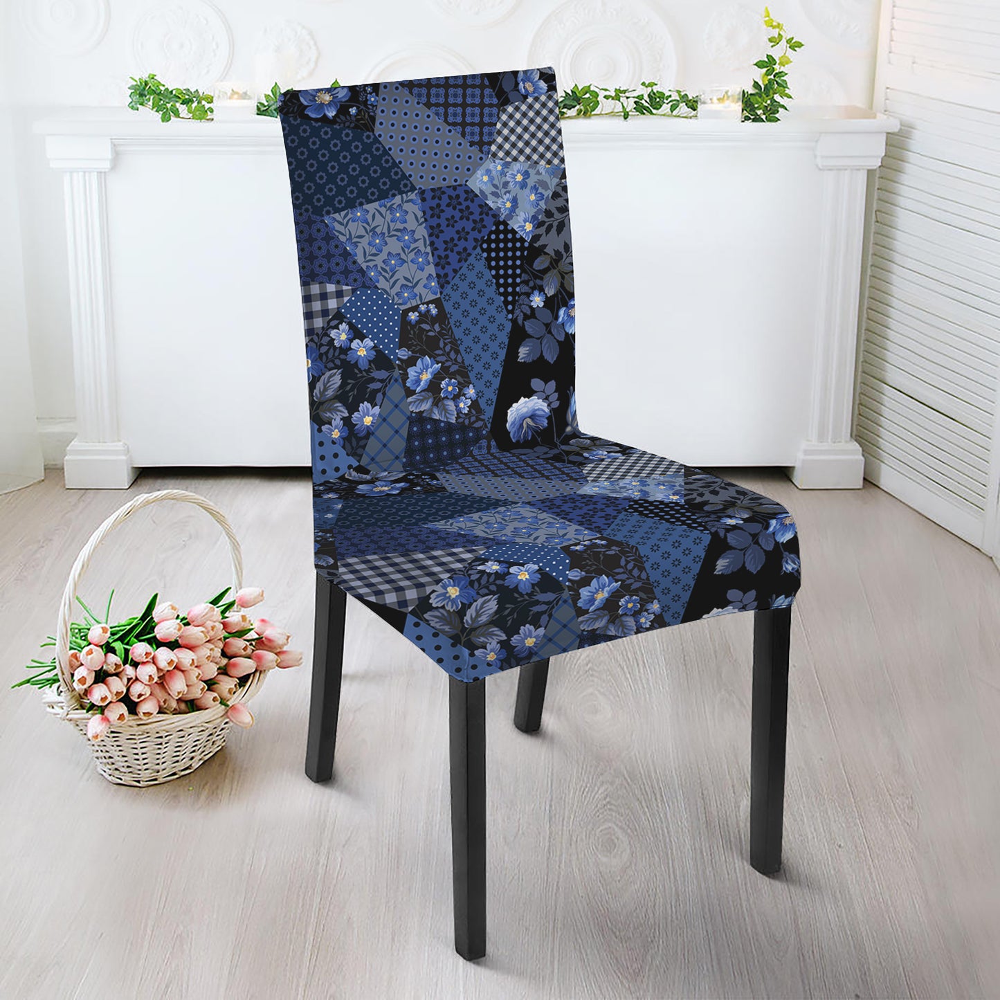 Blue Flower Patchwork Pattern Print Dining Chair Slipcover