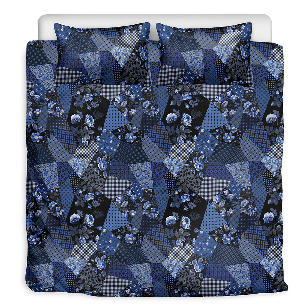 Blue Flower Patchwork Pattern Print Duvet Cover Bedding Set