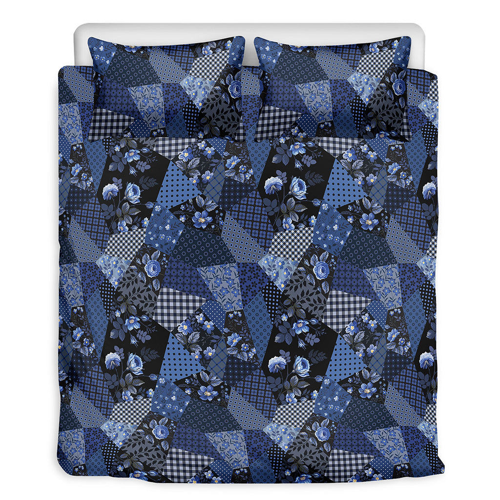 Blue Flower Patchwork Pattern Print Duvet Cover Bedding Set