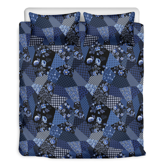 Blue Flower Patchwork Pattern Print Duvet Cover Bedding Set