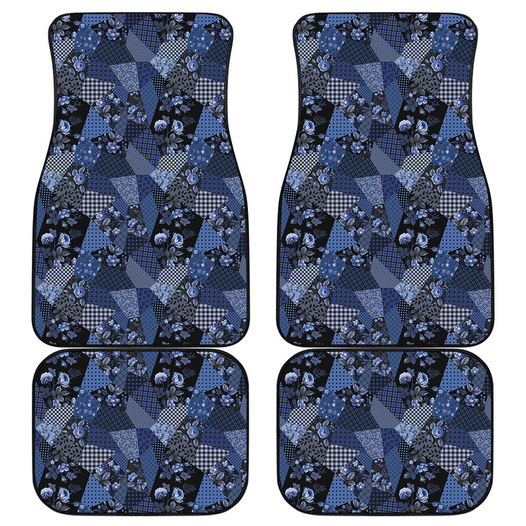 Blue Flower Patchwork Pattern Print Front and Back Car Floor Mats