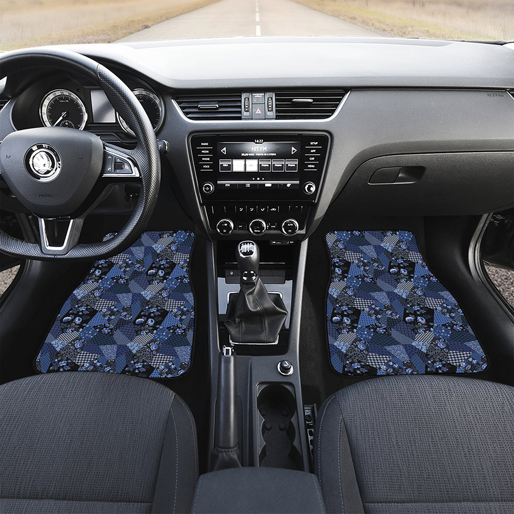 Blue Flower Patchwork Pattern Print Front and Back Car Floor Mats