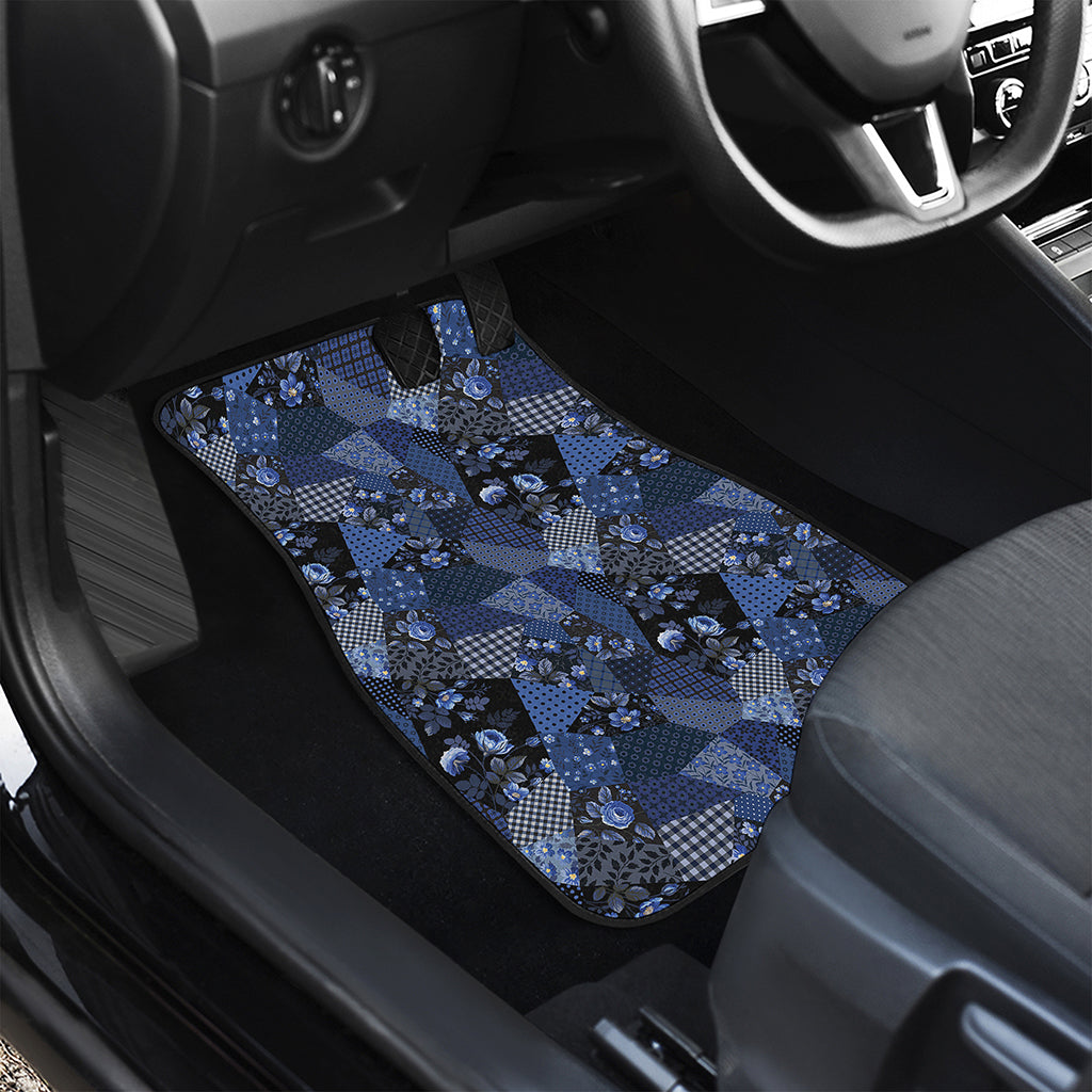 Blue Flower Patchwork Pattern Print Front and Back Car Floor Mats