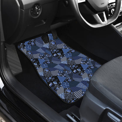 Blue Flower Patchwork Pattern Print Front and Back Car Floor Mats