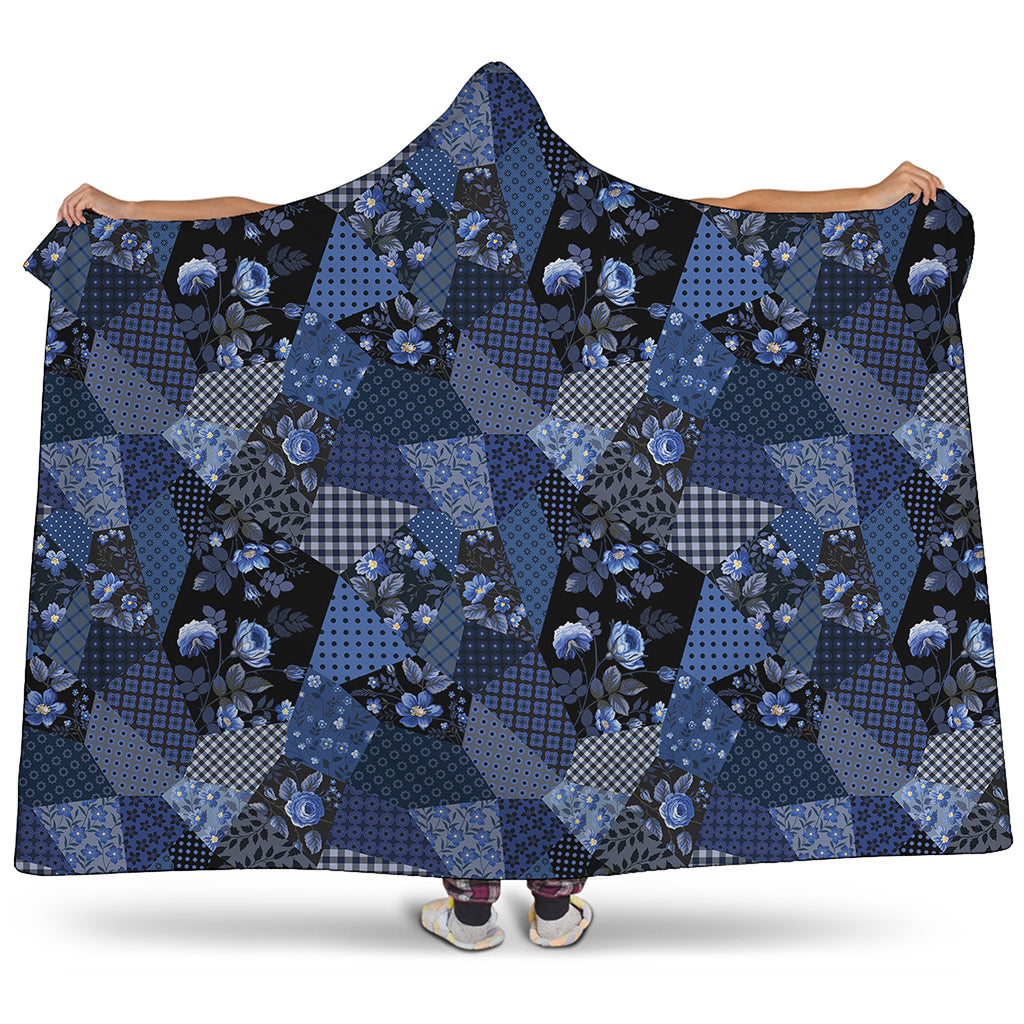 Blue Flower Patchwork Pattern Print Hooded Blanket