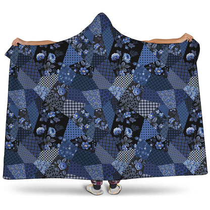 Blue Flower Patchwork Pattern Print Hooded Blanket