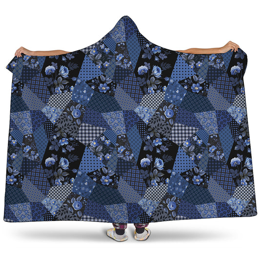 Blue Flower Patchwork Pattern Print Hooded Blanket
