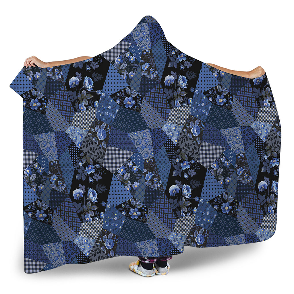 Blue Flower Patchwork Pattern Print Hooded Blanket