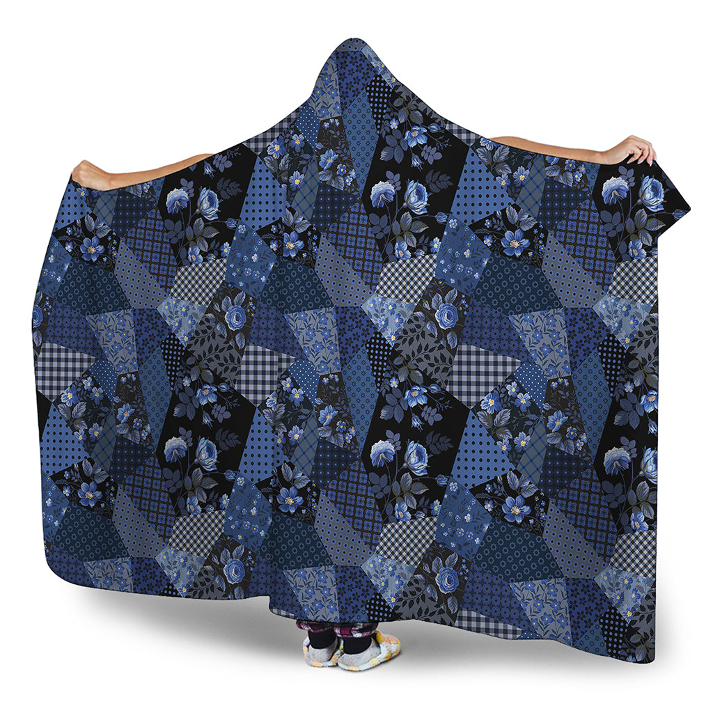 Blue Flower Patchwork Pattern Print Hooded Blanket