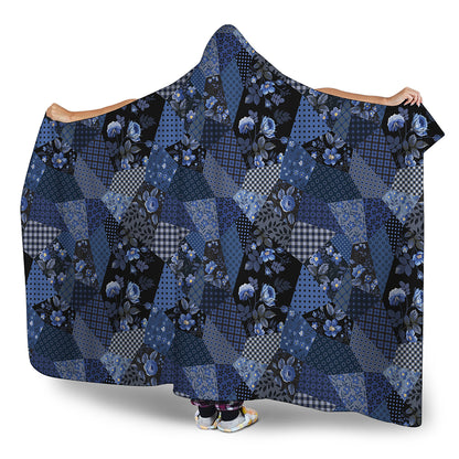 Blue Flower Patchwork Pattern Print Hooded Blanket