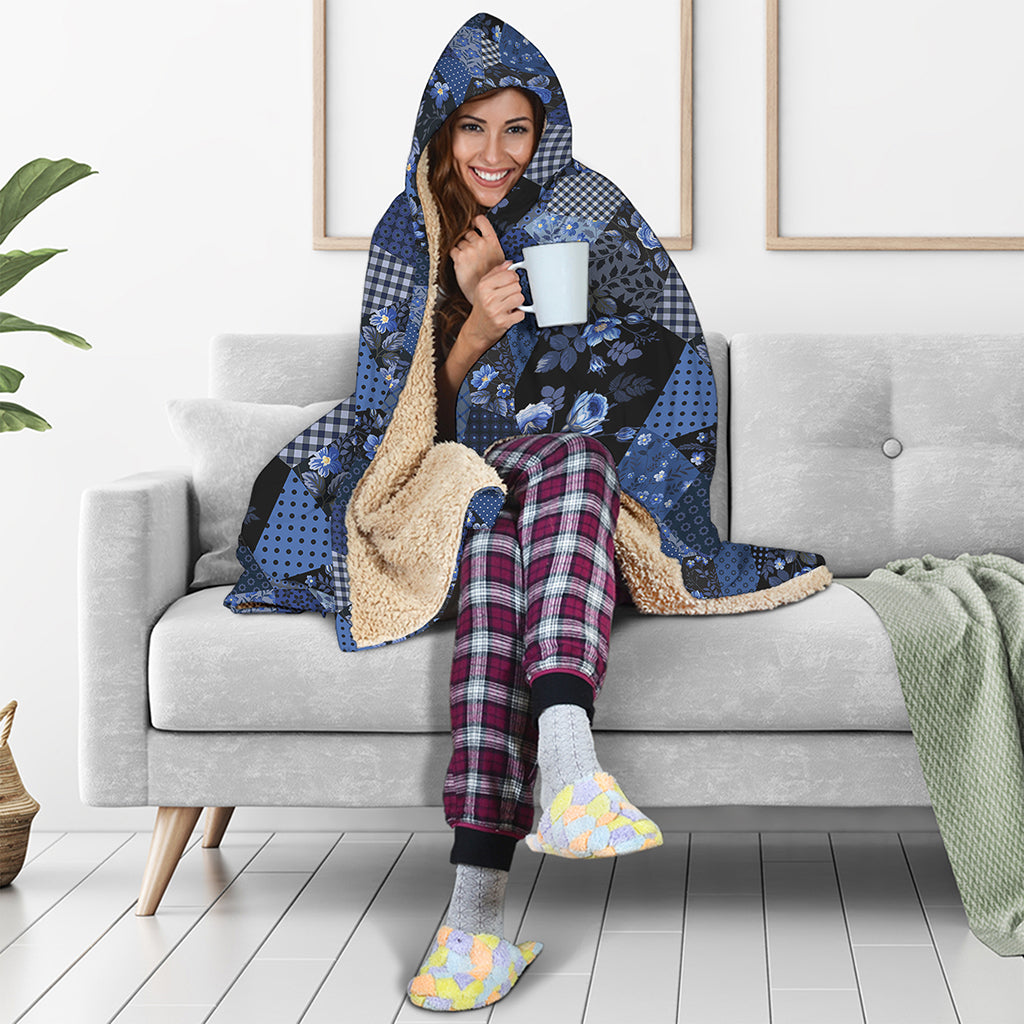 Blue Flower Patchwork Pattern Print Hooded Blanket
