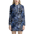 Blue Flower Patchwork Pattern Print Pullover Hoodie Dress