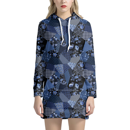Blue Flower Patchwork Pattern Print Hoodie Dress