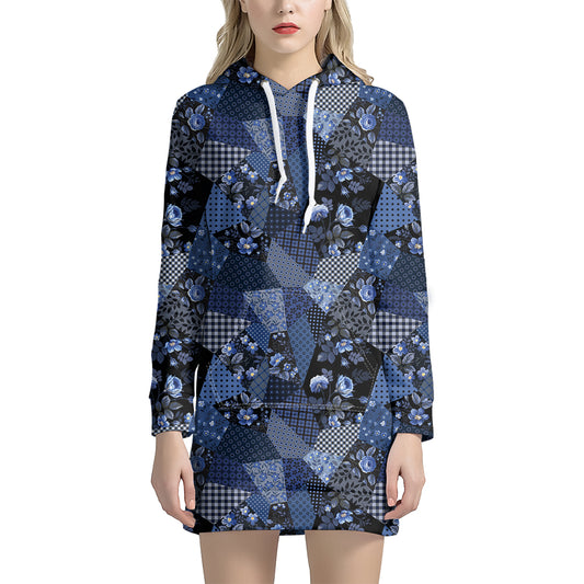 Blue Flower Patchwork Pattern Print Hoodie Dress