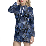 Blue Flower Patchwork Pattern Print Hoodie Dress