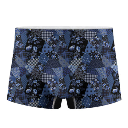 Blue Flower Patchwork Pattern Print Men's Boxer Briefs