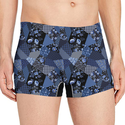 Blue Flower Patchwork Pattern Print Men's Boxer Briefs