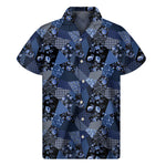 Blue Flower Patchwork Pattern Print Men's Short Sleeve Shirt