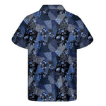 Blue Flower Patchwork Pattern Print Men's Short Sleeve Shirt