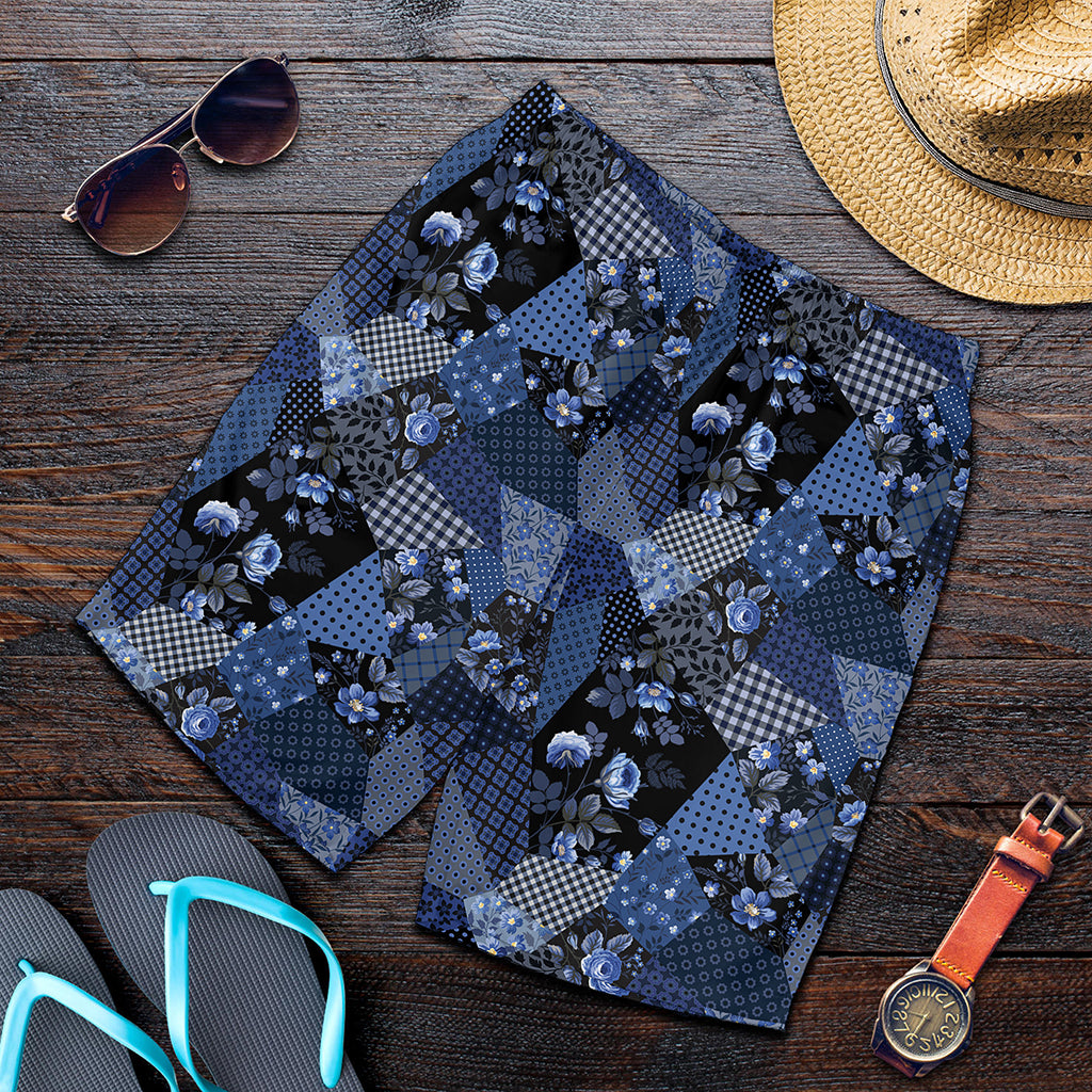 Blue Flower Patchwork Pattern Print Men's Shorts