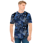 Blue Flower Patchwork Pattern Print Men's T-Shirt