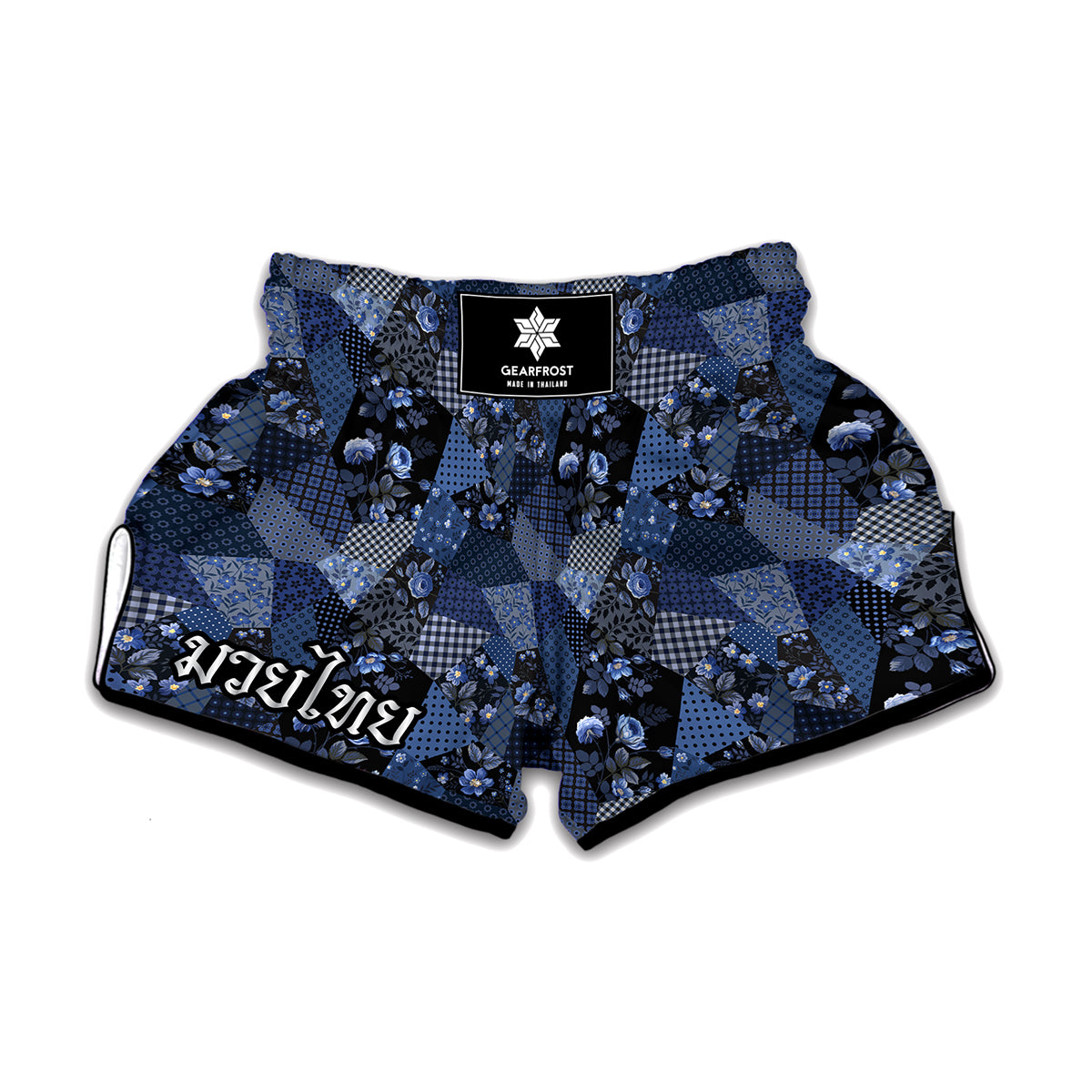 Blue Flower Patchwork Pattern Print Muay Thai Boxing Shorts