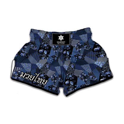 Blue Flower Patchwork Pattern Print Muay Thai Boxing Shorts