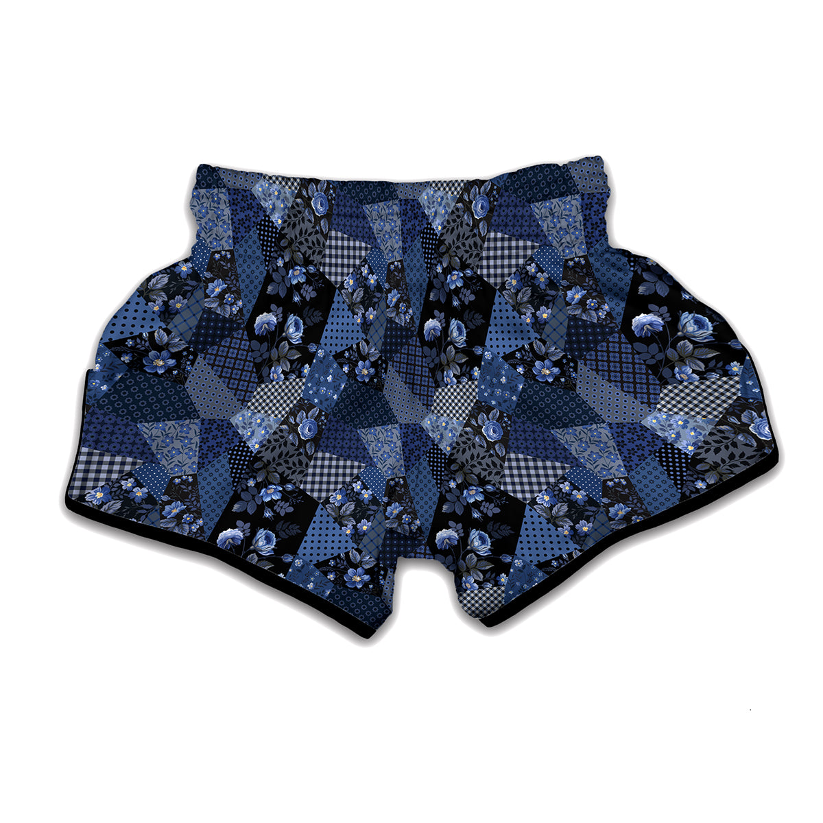 Blue Flower Patchwork Pattern Print Muay Thai Boxing Shorts