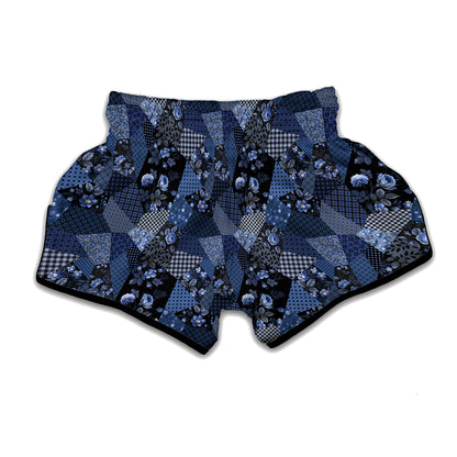 Blue Flower Patchwork Pattern Print Muay Thai Boxing Shorts