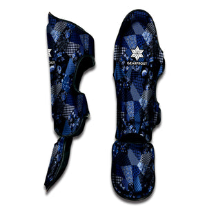 Blue Flower Patchwork Pattern Print Muay Thai Shin Guard