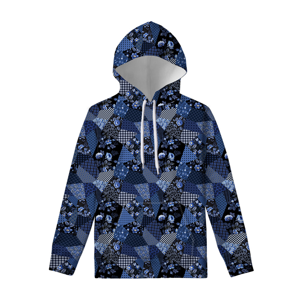 Blue Flower Patchwork Pattern Print Pullover Hoodie