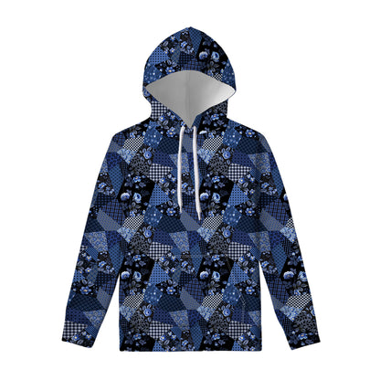 Blue Flower Patchwork Pattern Print Pullover Hoodie