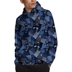 Blue Flower Patchwork Pattern Print Pullover Hoodie