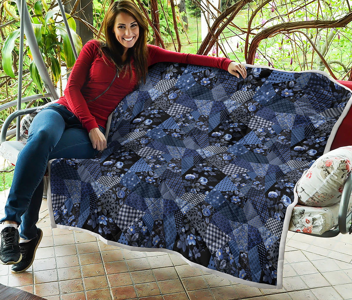 Blue Flower Patchwork Pattern Print Quilt