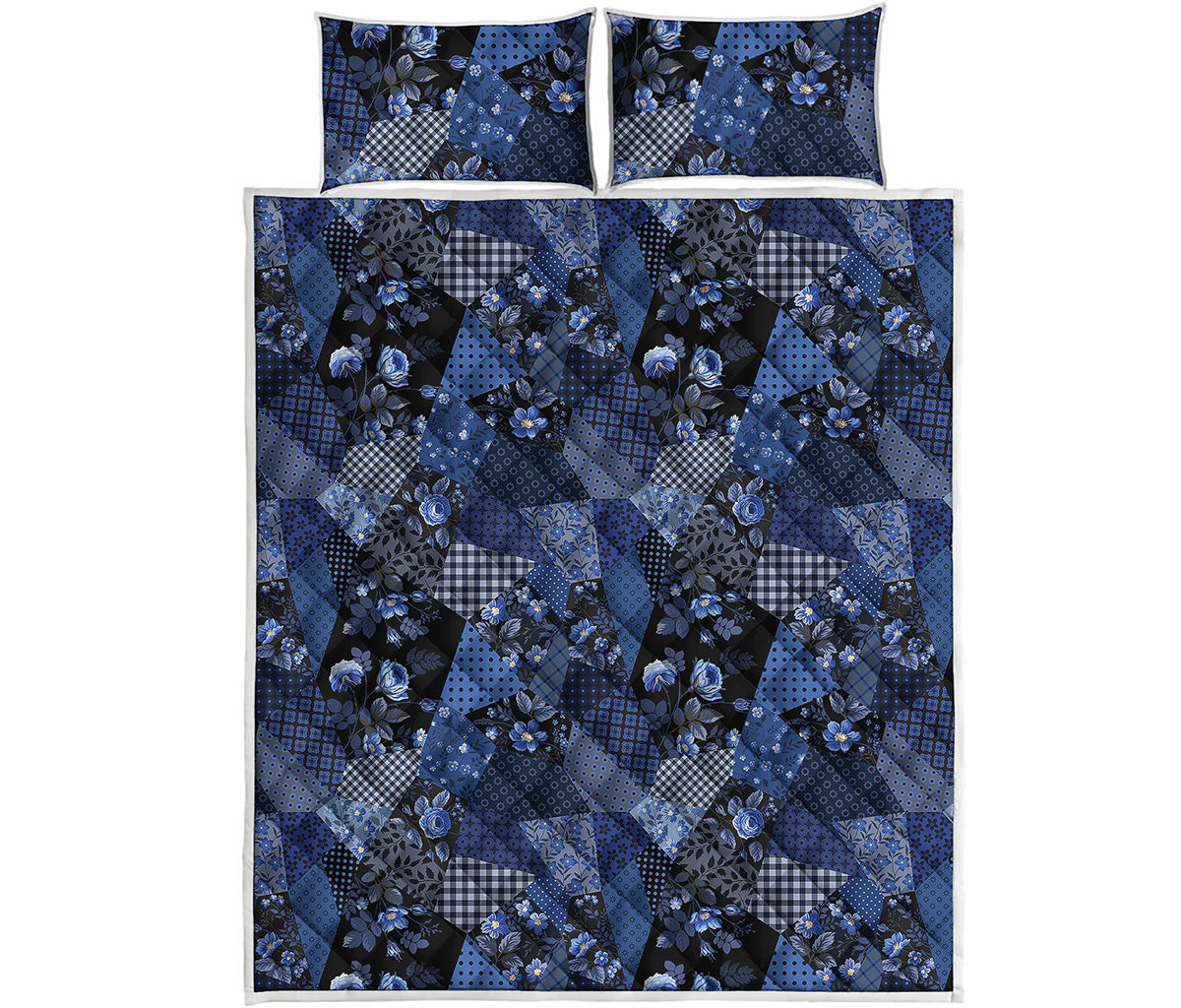 Blue Flower Patchwork Pattern Print Quilt Bed Set