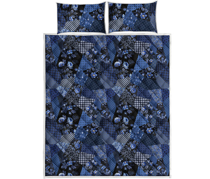 Blue Flower Patchwork Pattern Print Quilt Bed Set