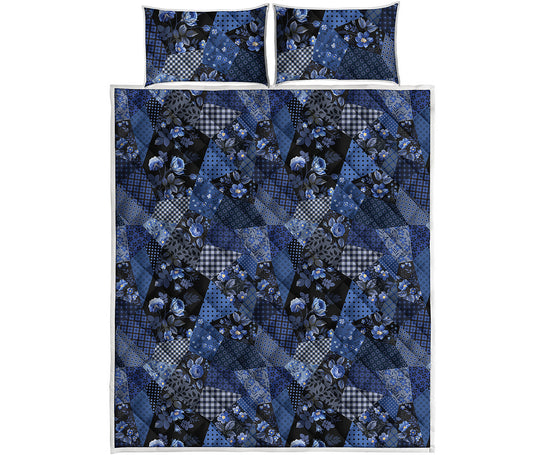 Blue Flower Patchwork Pattern Print Quilt Bed Set