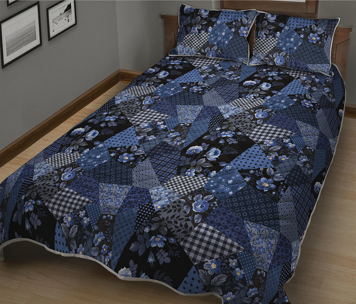 Blue Flower Patchwork Pattern Print Quilt Bed Set