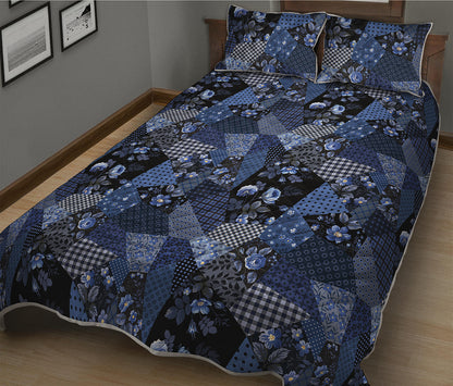 Blue Flower Patchwork Pattern Print Quilt Bed Set
