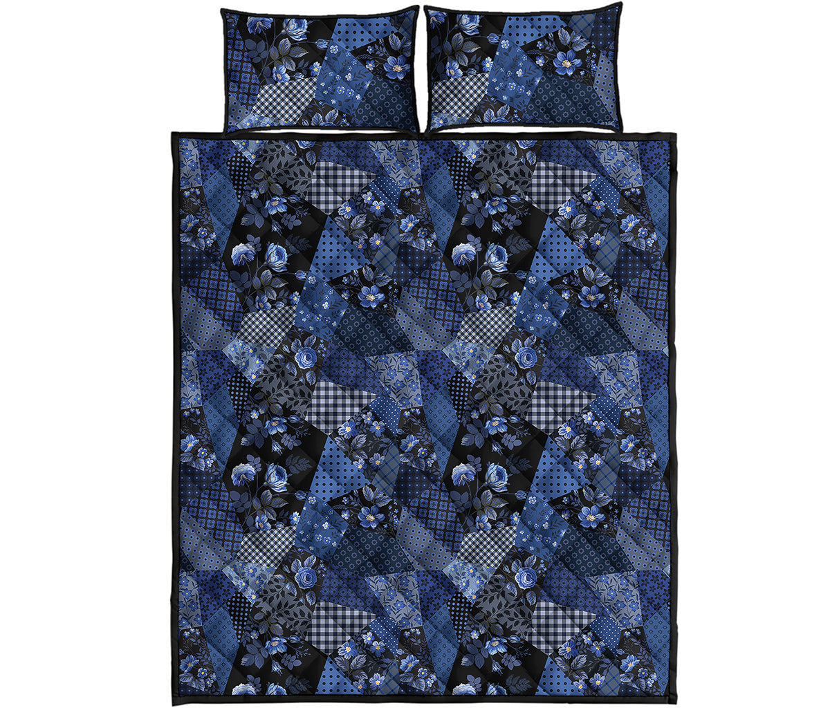 Blue Flower Patchwork Pattern Print Quilt Bed Set