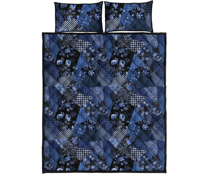 Blue Flower Patchwork Pattern Print Quilt Bed Set