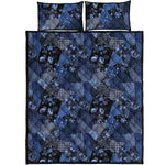 Blue Flower Patchwork Pattern Print Quilt Bed Set