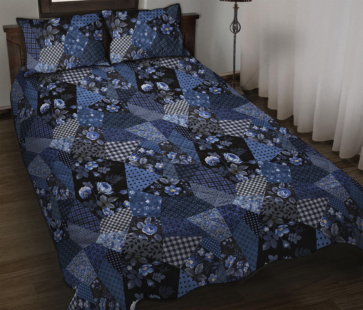 Blue Flower Patchwork Pattern Print Quilt Bed Set