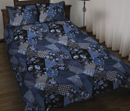 Blue Flower Patchwork Pattern Print Quilt Bed Set