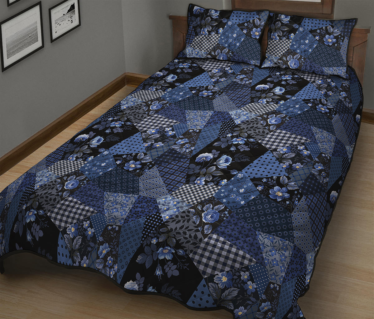 Blue Flower Patchwork Pattern Print Quilt Bed Set