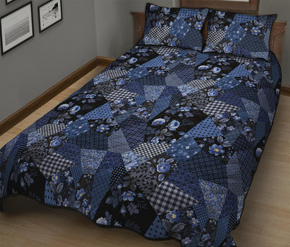Blue Flower Patchwork Pattern Print Quilt Bed Set