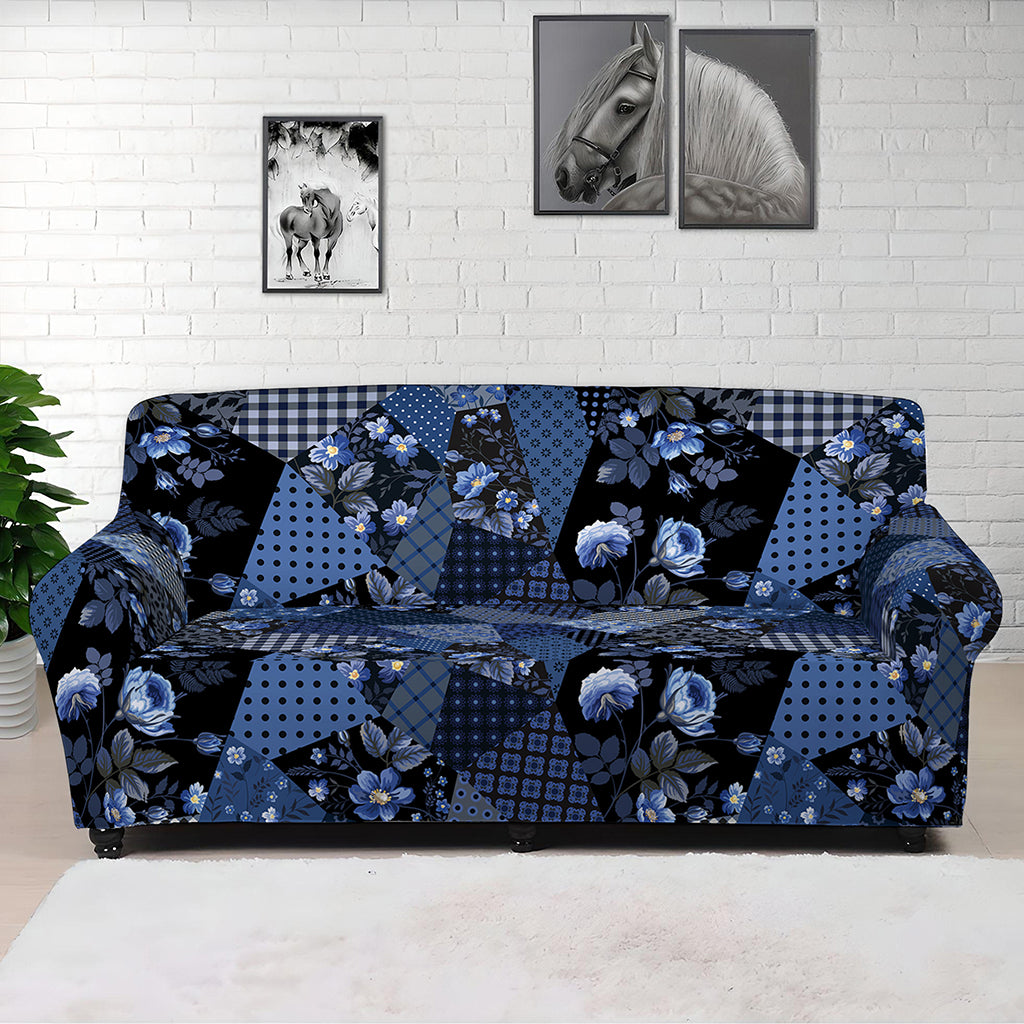 Blue Flower Patchwork Pattern Print Sofa Cover