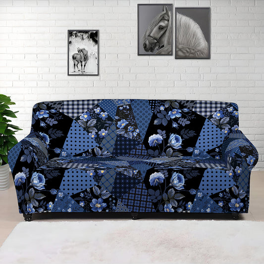 Blue Flower Patchwork Pattern Print Sofa Cover